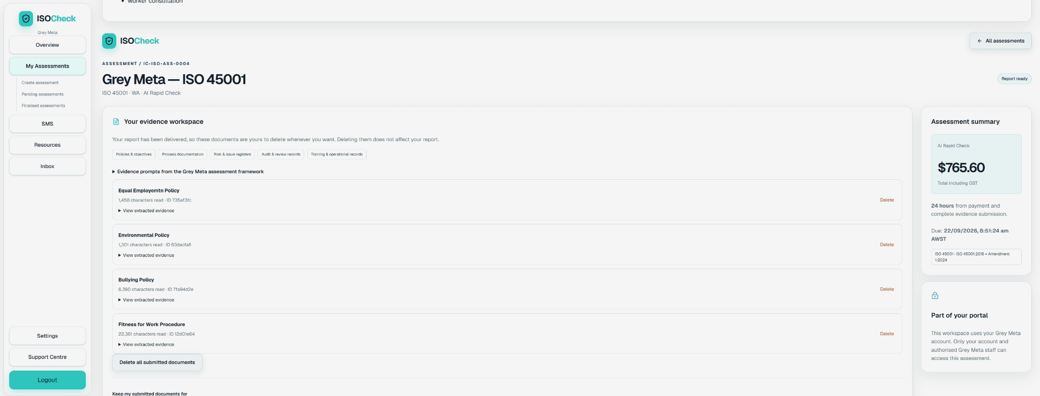 Private ISOCheck evidence workspace listing uploaded documents