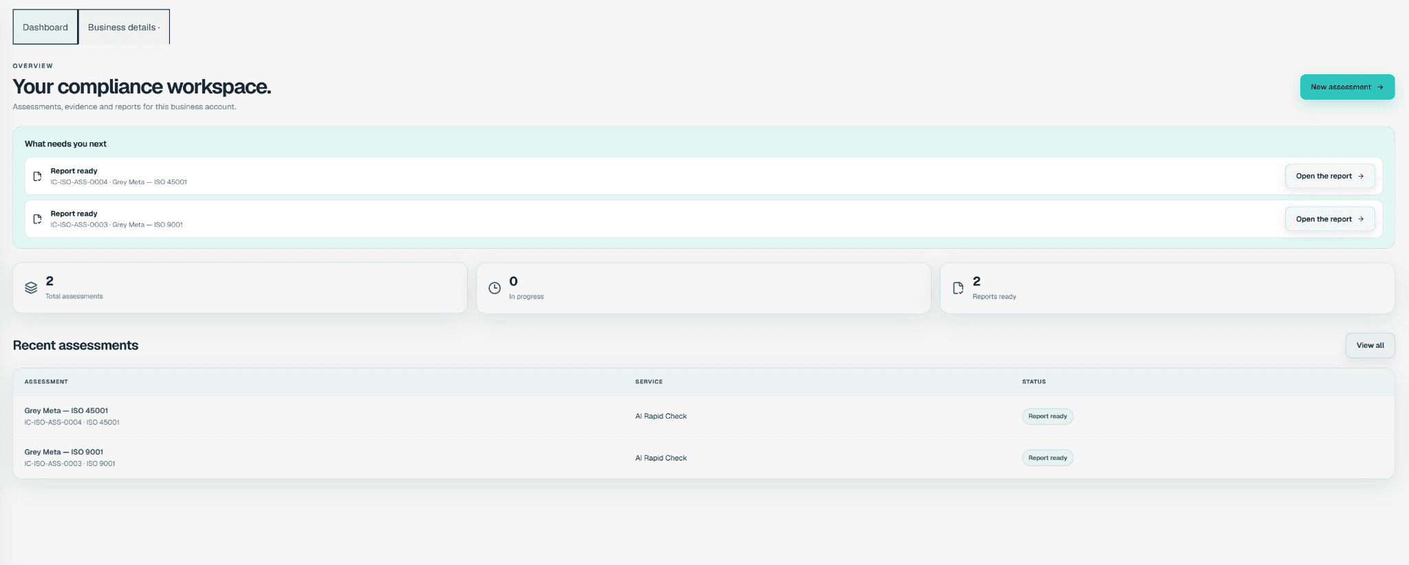 ISOCheck customer dashboard showing completed assessments and reports ready to open
