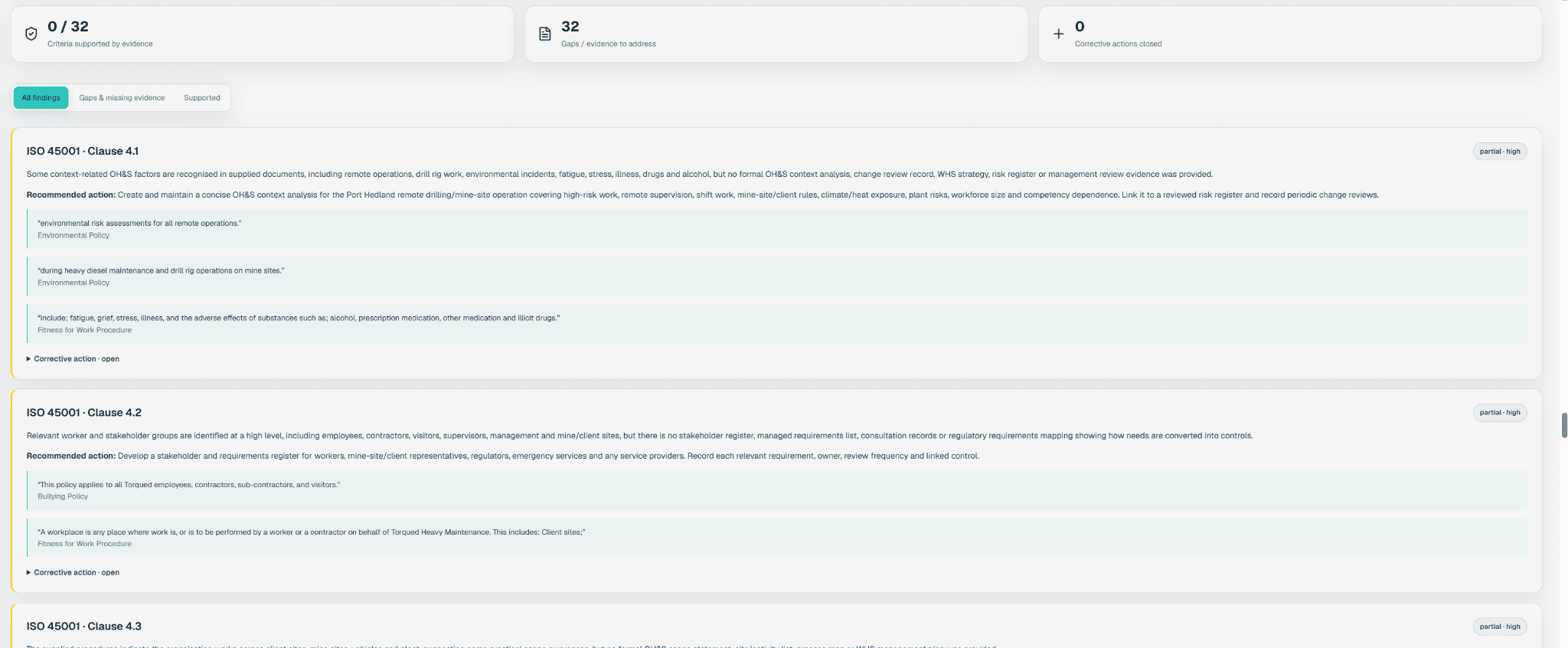 ISOCheck clause-level findings with evidence excerpts and recommended actions